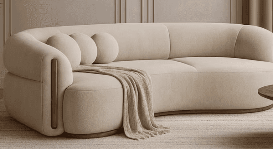 A contemporary curved sofa upholstered in light beige boucle fabric with subtle integrated wood acce… — free GLTF 3D model
