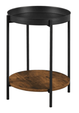 A compact round side table featuring a two-tier design. The top tier is a black metal tray with a ra… — 3D model