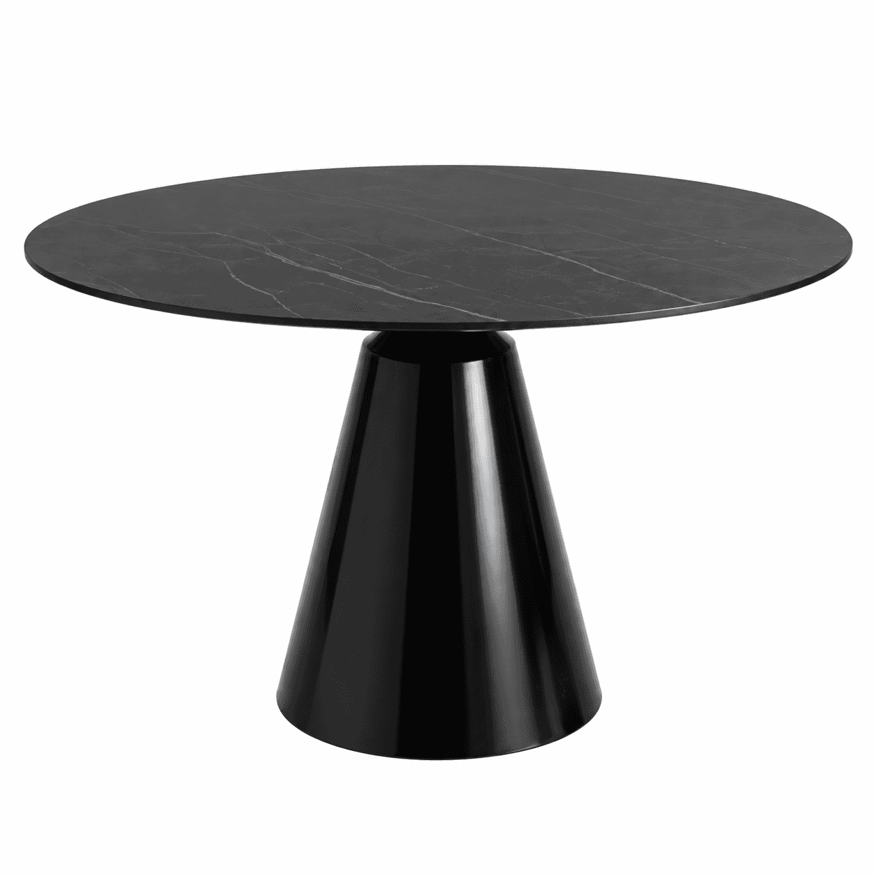 A modern round dining table featuring a black tabletop with subtle light veining, supported by a glo… — 3D model