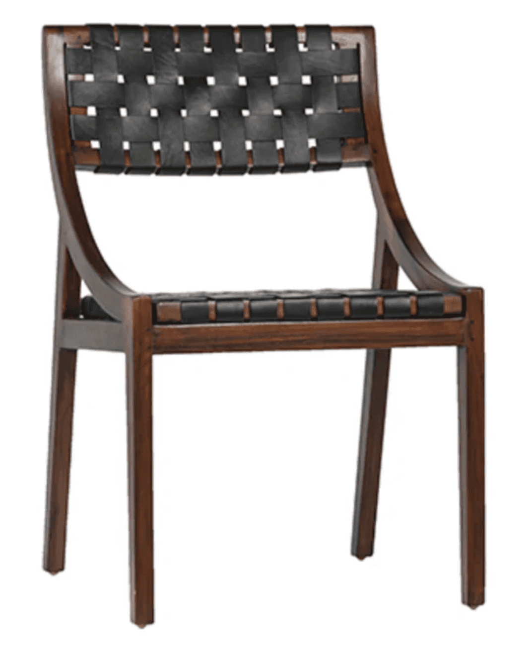 A side chair with a wooden frame and woven leather seat and back. The frame has a dark finish and fe… — 3D model