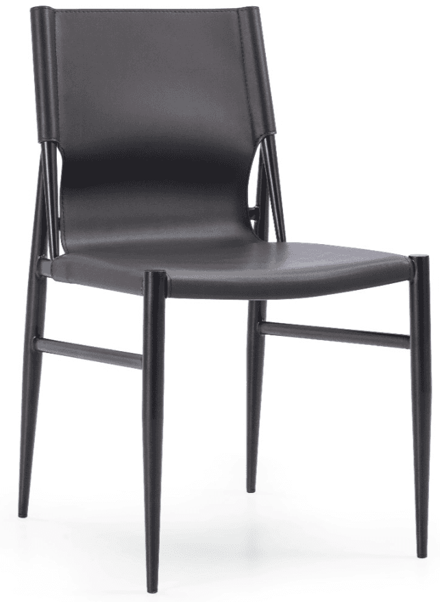 An armless modern dining chair featuring a dark brown leather or faux leather sling-style seat and b… — 3D model