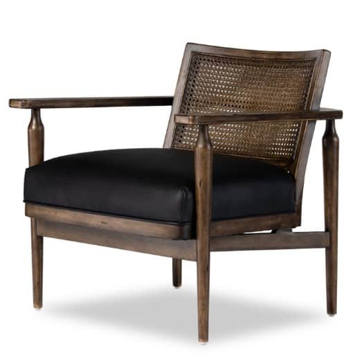 A mid-century modern armchair with a dark wood frame and cane back. The seat is upholstered in black… — free OBJ 3D model