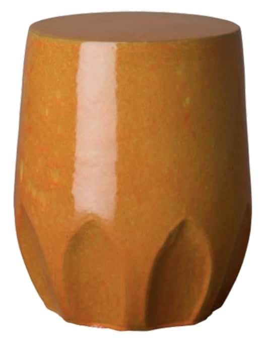 A vibrant orange glazed ceramic stool, featuring a cylindrical form with a slightly tapered body and… — 3D model