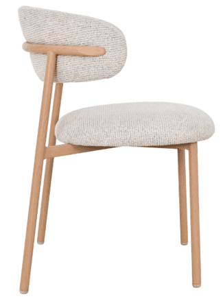 A modern dining chair featuring a light-toned wooden frame and off-white, textured fabric upholstery… — 3D model