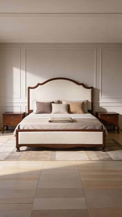 A bed frame featuring a dark-stained wooden structure with light-colored fabric upholstered panels o… — 3D model