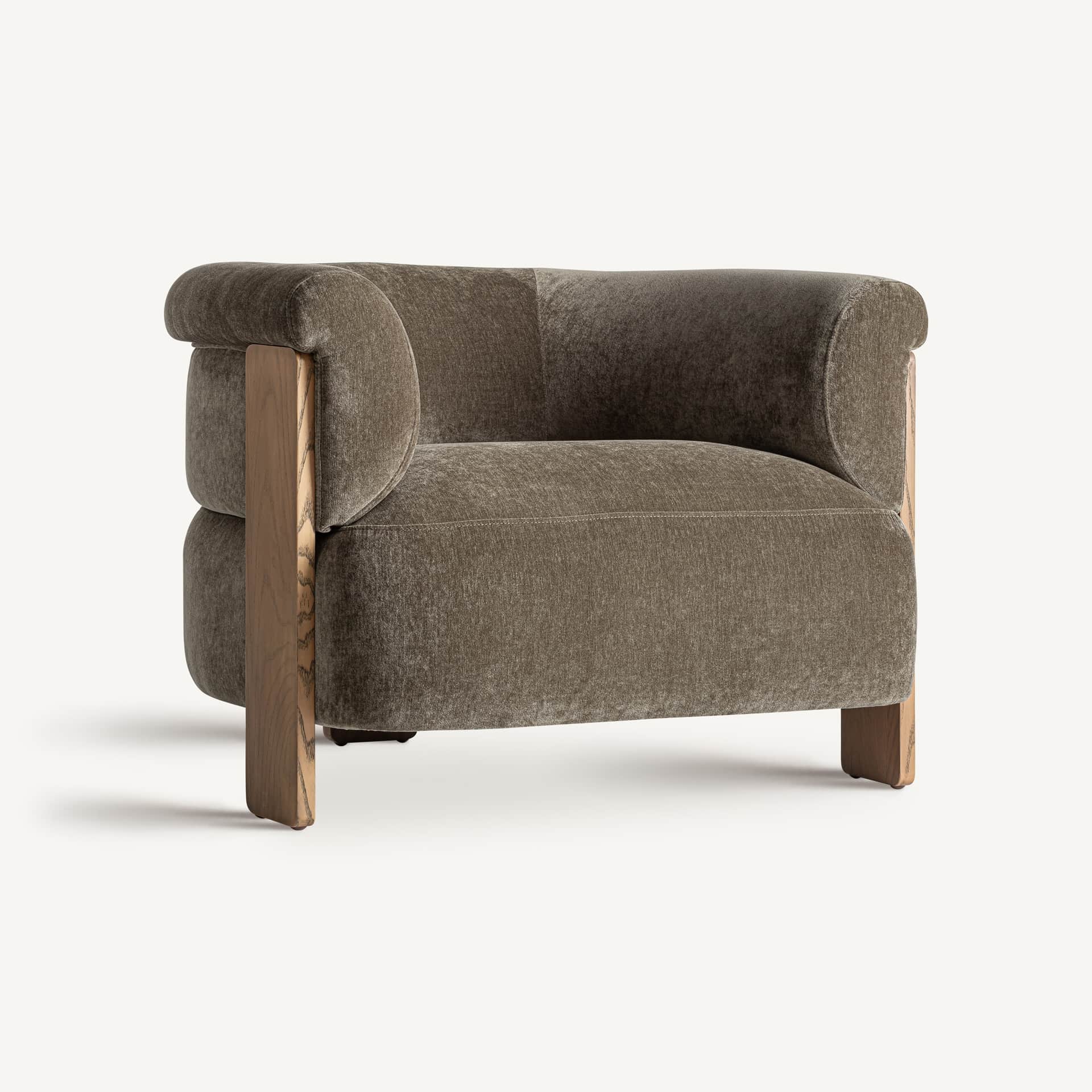 A single-seater armchair with a plush, upholstered body and a distinctive wooden frame. The upholste… — 3D model