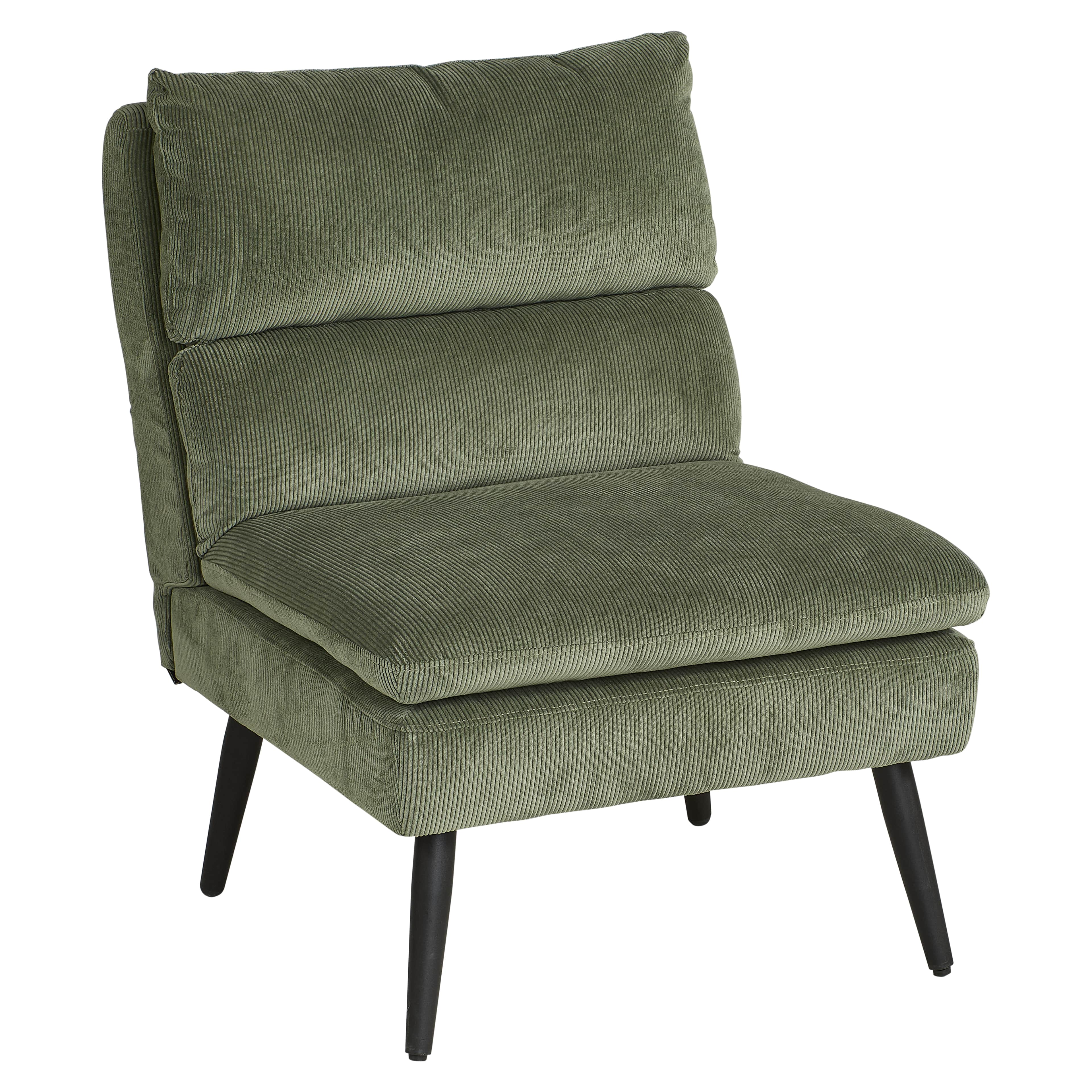 A medium-sized, modern armless lounge chair upholstered in olive green corduroy fabric, featuring se… — free STL 3D model