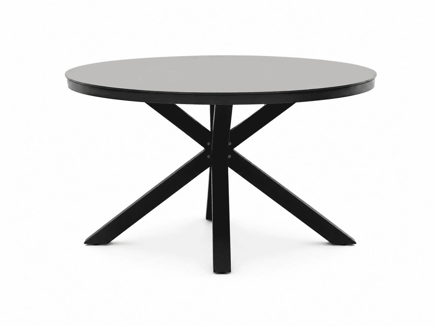 A contemporary round dining table with a dark matte finish tabletop and a black metal pedestal base.… — 3D model