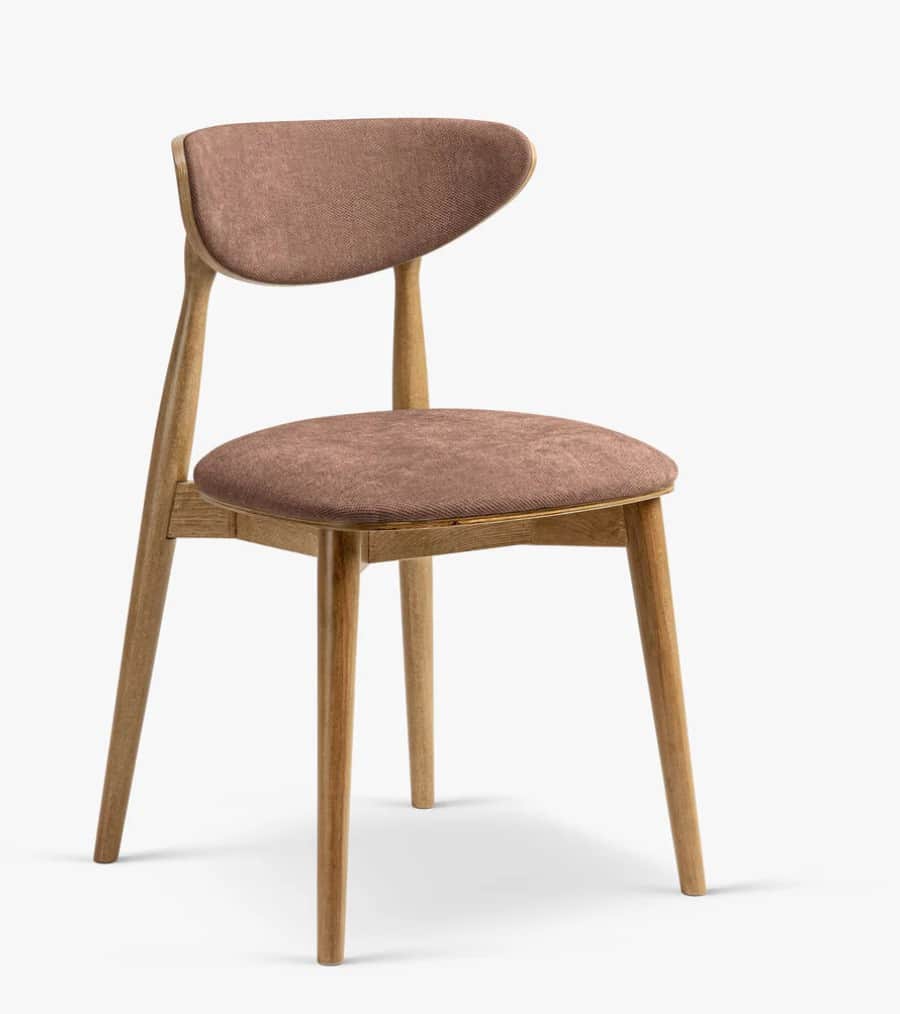 A modern dining chair featuring a light-toned wooden frame with slightly splayed legs. The seat and… — 3D model