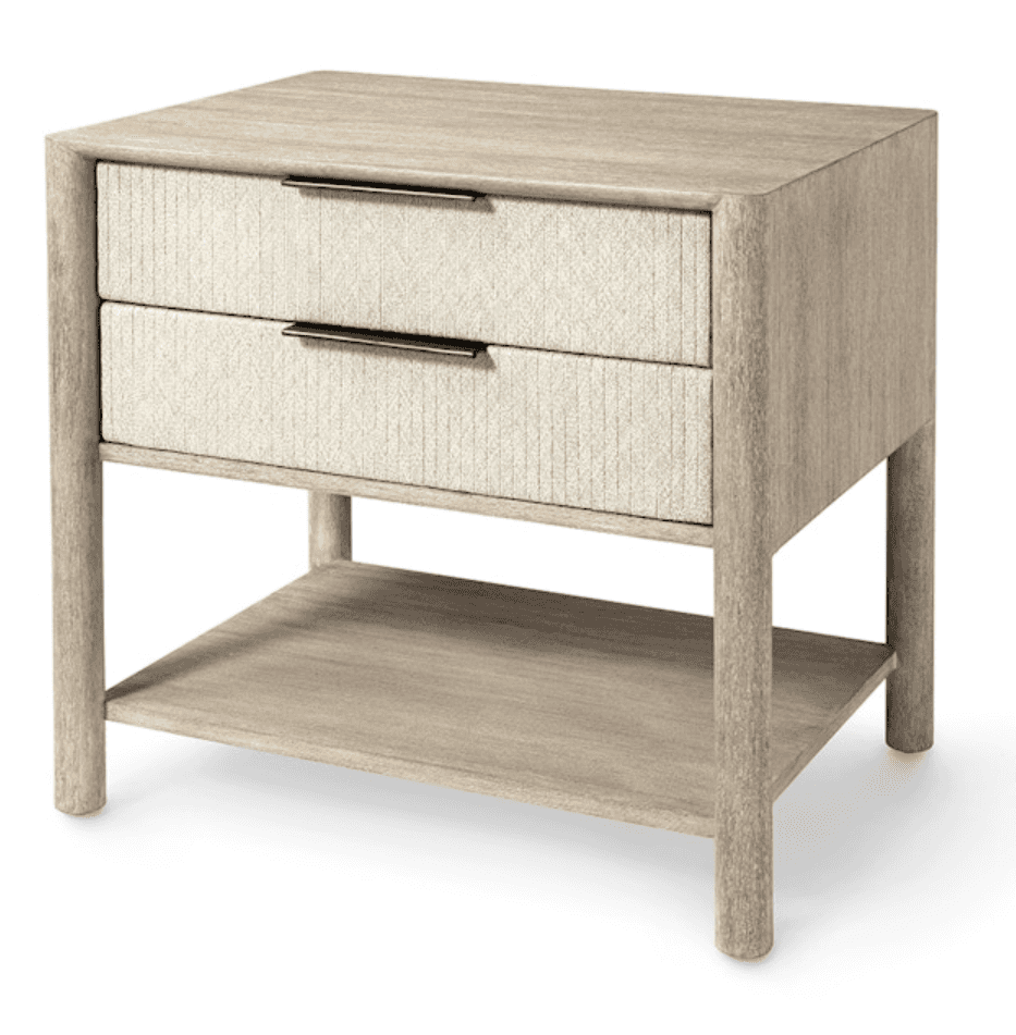 A contemporary nightstand featuring a light wood frame, two drawers with textured cream/beige fabric… — 3D model