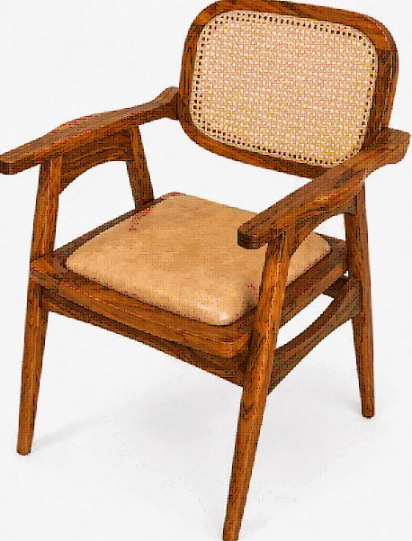 A mid-century style armchair featuring a solid wood frame, a natural cane woven backrest, and a ligh… — free OBJ 3D model