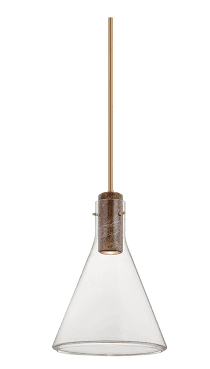 A modern pendant light featuring a frosted conical glass shade, suspended by a slender brass-toned r… — 3D model