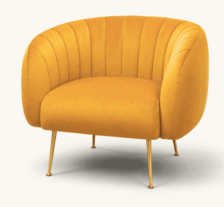 A vibrant mustard yellow velvet accent chair featuring a curved barrel-shaped backrest and integrate… — free OBJ 3D model