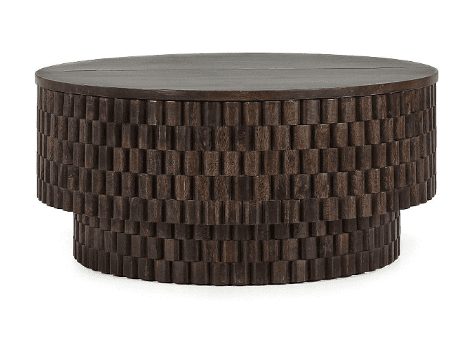 A dark brown round coffee table featuring a solid, circular top and a cylindrical base constructed f… — free BLEND 3D model