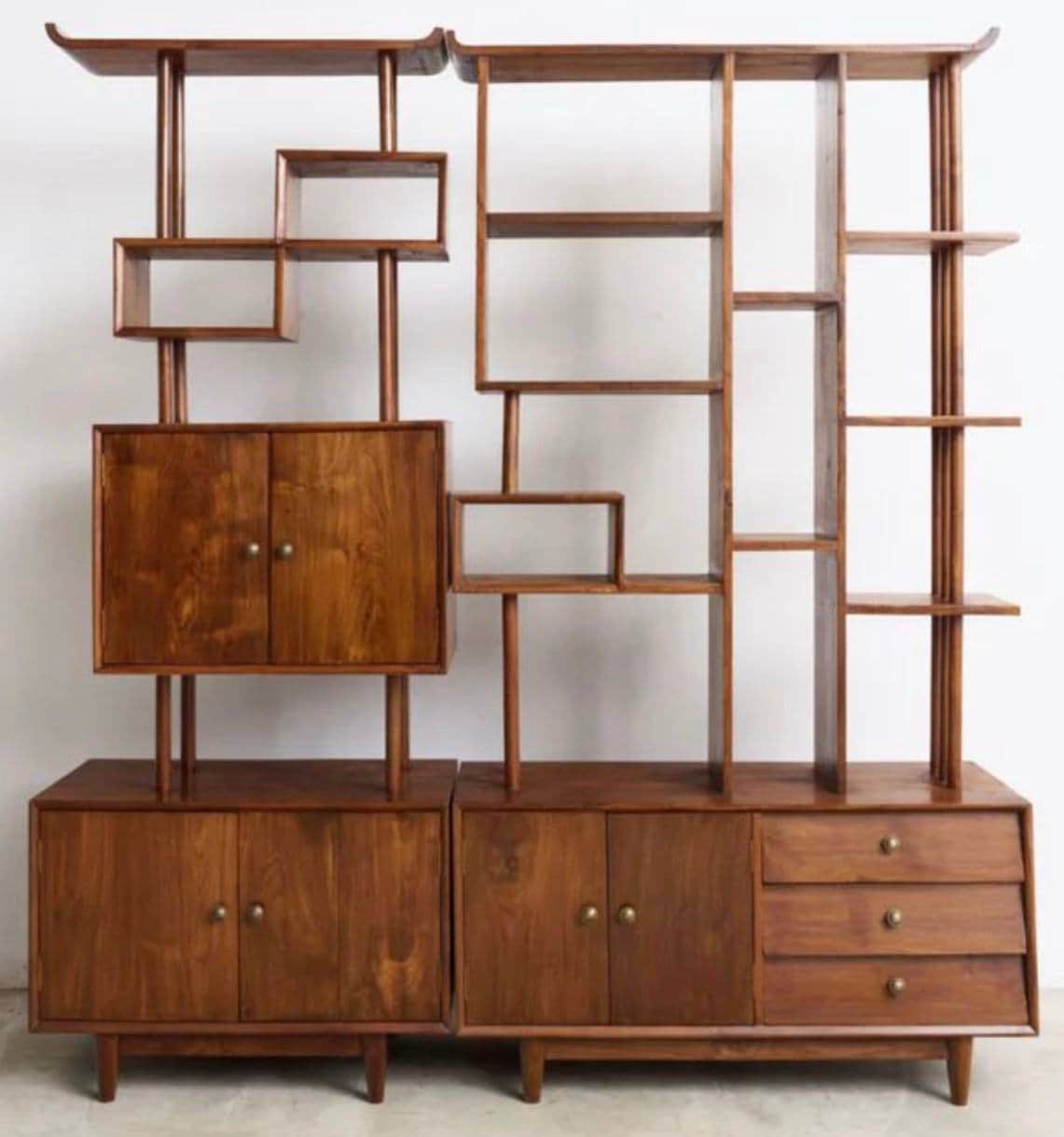 A mid-century modern style modular shelving unit made of wood, featuring a combination of open displ… — 3D model
