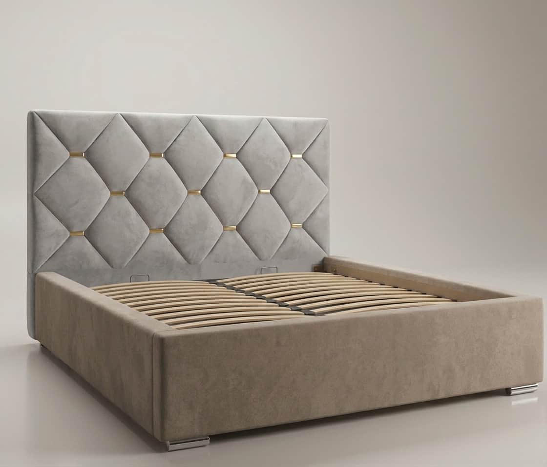 An upholstered platform bed featuring a tall, diamond-tufted headboard with metallic gold accents. T… — free FBX 3D model