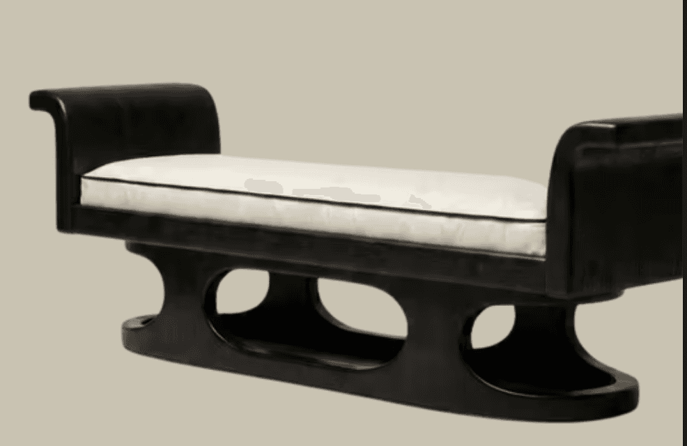 A contemporary bench featuring a dark, possibly black, wooden frame with elegantly rolled armrests a… — 3D model