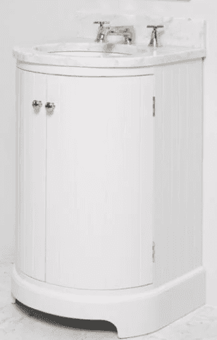 A white vanity cabinet with a curved front, featuring two doors with silver knobs. The cabinet is to… — free OBJ 3D model