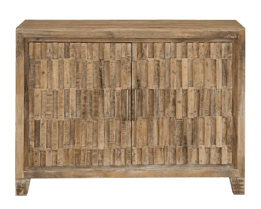 A rectangular wooden storage cabinet featuring two doors with a distinctive textured, geometric patt… — 3D model