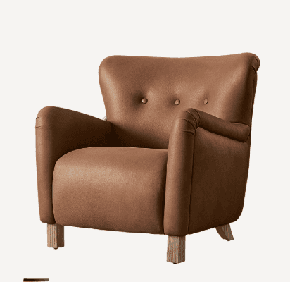 A brown upholstered armchair with button tufting on the backrest, gently curved armrests, and expose… — free OBJ 3D model