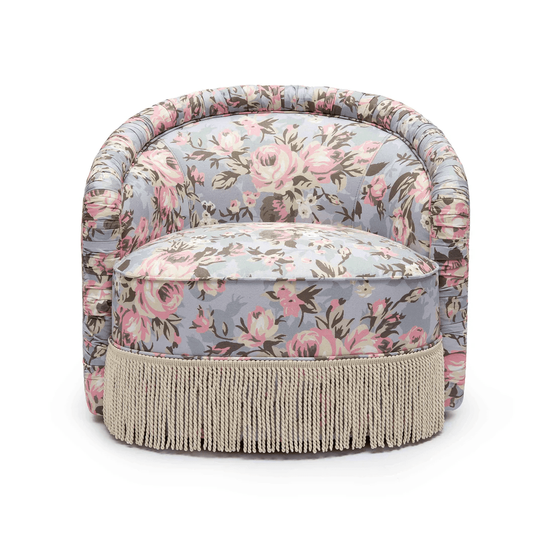 A small, fully upholstered barrel-back accent chair featuring a vibrant floral pattern and a decorat… — free OBJ 3D model