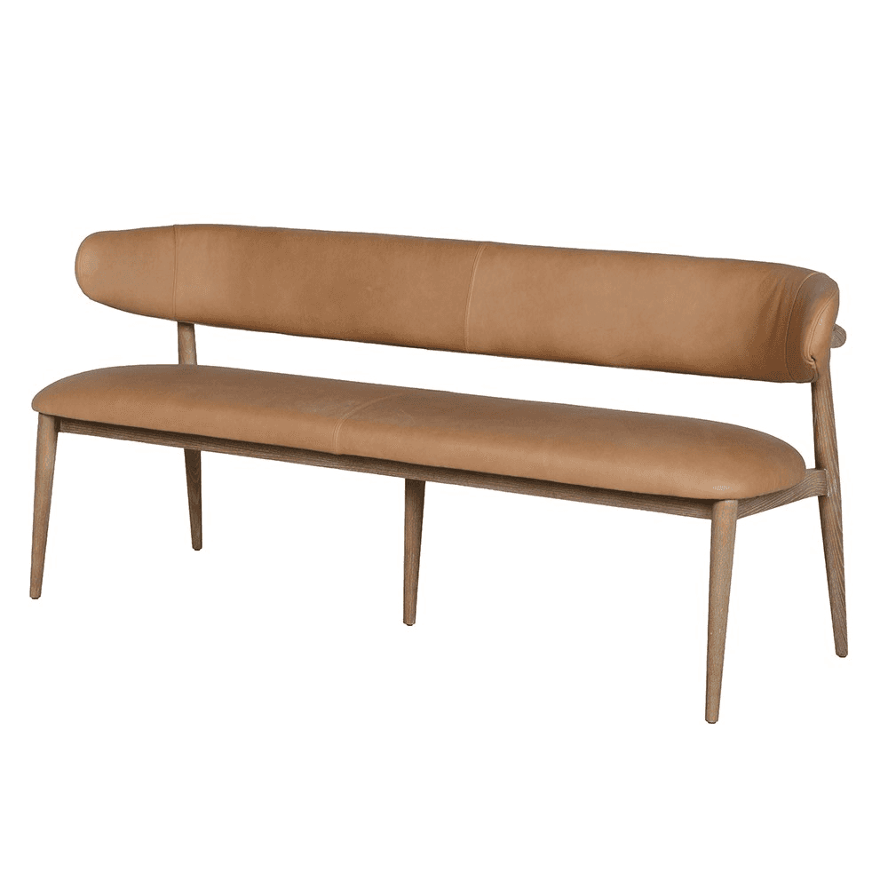 A modern backed bench featuring a sleek tan leather upholstered seat and backrest, supported by a li… — 3D model