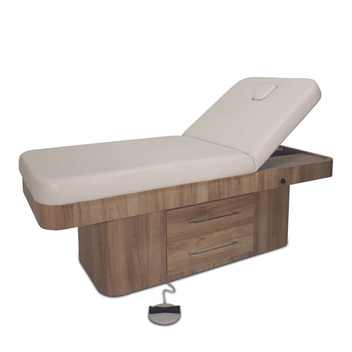 An electric spa treatment bed featuring a plush, light beige upholstered top with an adjustable back… — 3D model