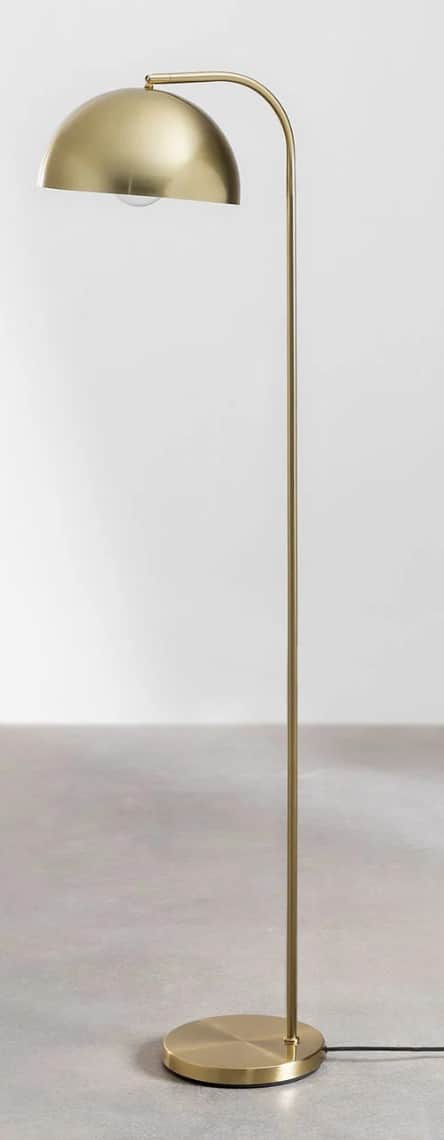 A modern, arc-style floor lamp with a brushed brass finish. It features a curved stem that extends f… — 3D model