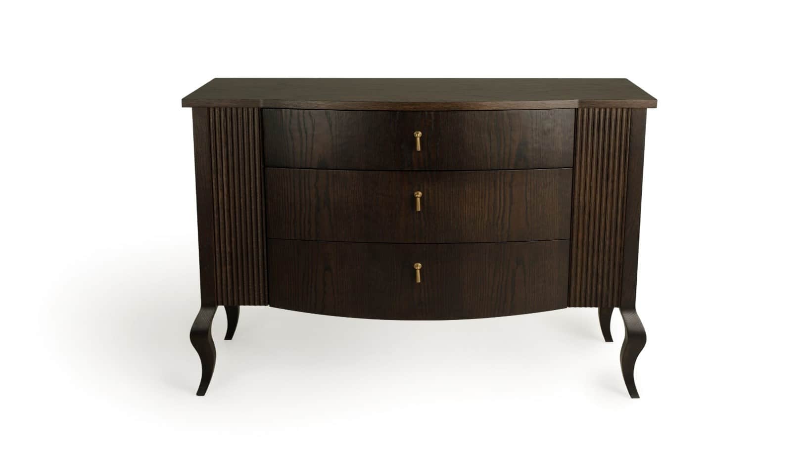 A dark brown wooden chest of drawers with a curved front and three drawers. Each drawer has a small,… — 3D model