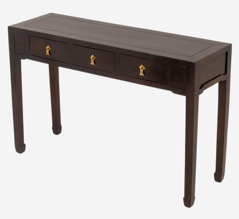 A dark wood console table with a rectangular top and three drawers. The table features brass hardwar… — 3D model