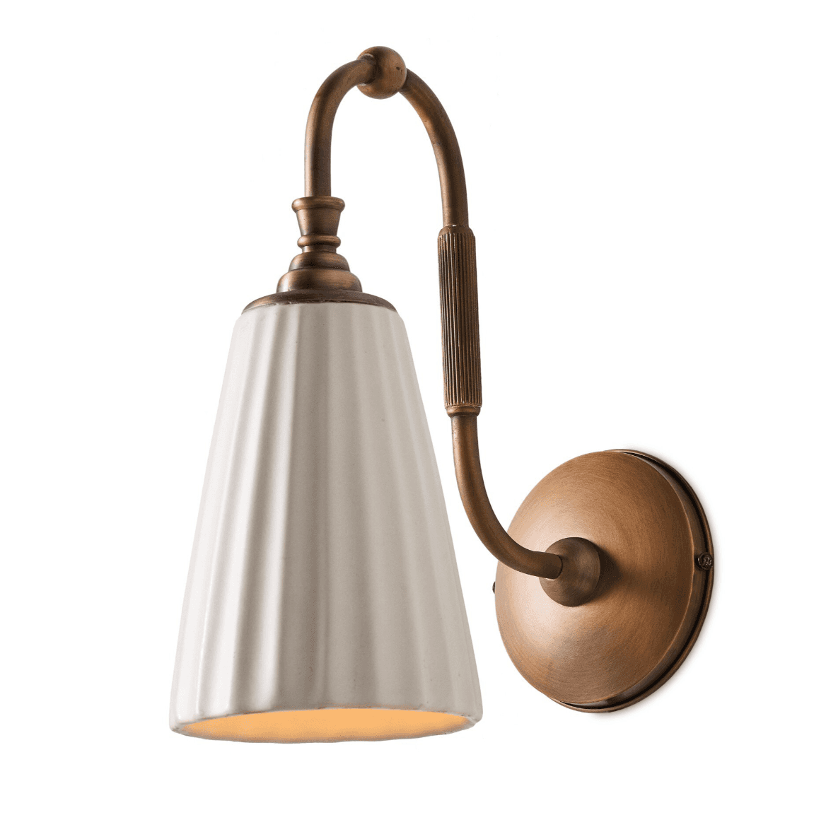An aged brass wall sconce featuring a curved 'gooseneck' arm and a flared, fluted ceramic shade. The… — 3D model