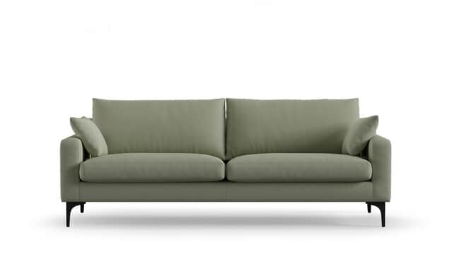 A contemporary sofa with a light sage green upholstery. It features two seat cushions and two back c… — free GLTF 3D model