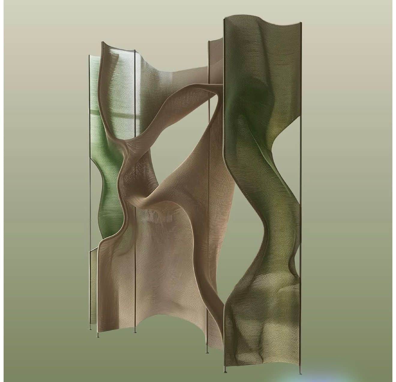 A modern, sculptural room divider composed of multiple translucent, undulating mesh panels in varyin… — 3D model