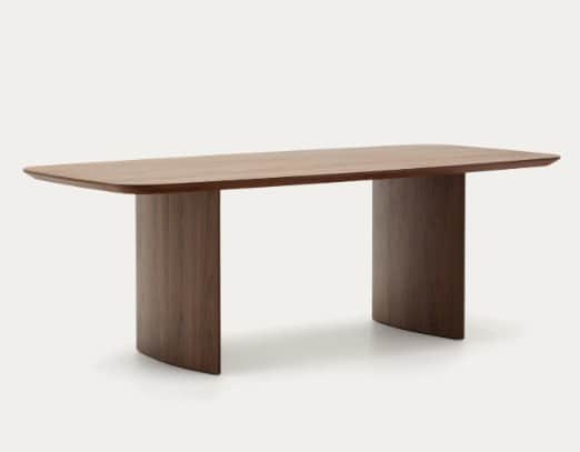 The image displays a modern rectangular dining table constructed entirely from wood. It features a s… — 3D model
