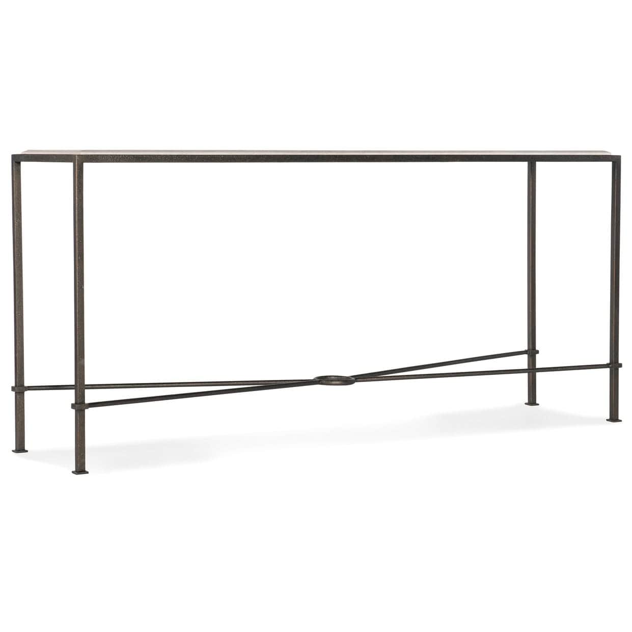 A rectangular console table featuring a light-colored stone top and a dark, hammered iron frame. The… — 3D model