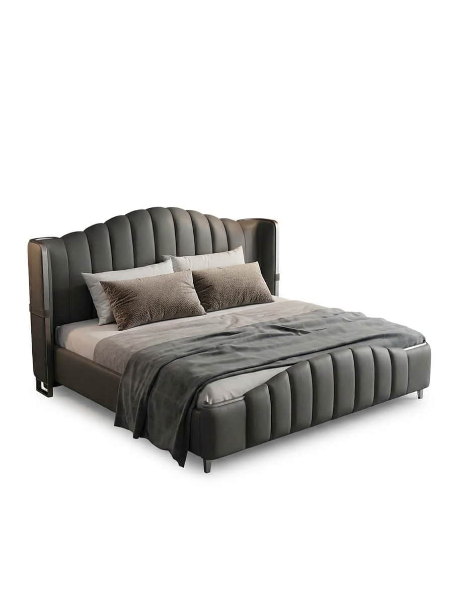 A contemporary upholstered platform bed featuring a dark gray material, likely leather or faux leath… — 3D model