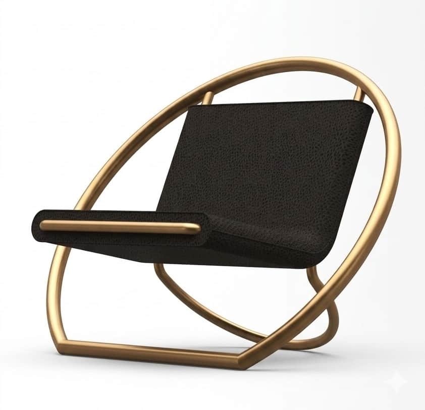 A modern lounge chair with a distinctive curvilinear frame and a suspended seat. The frame is constr… — 3D model