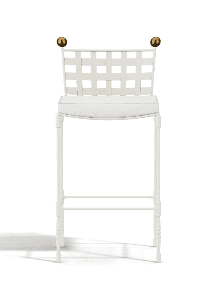 A white bar stool featuring a backrest constructed from wide interwoven straps, a cushioned seat, an… — 3D model