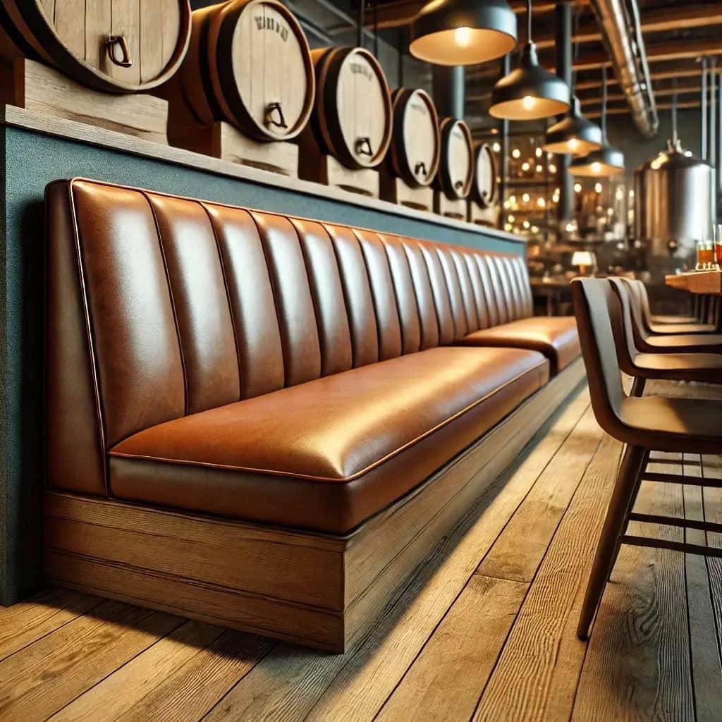 A long, tufted booth with a rich brown leather upholstery and a wooden base. The backrest features v… — free STL 3D model