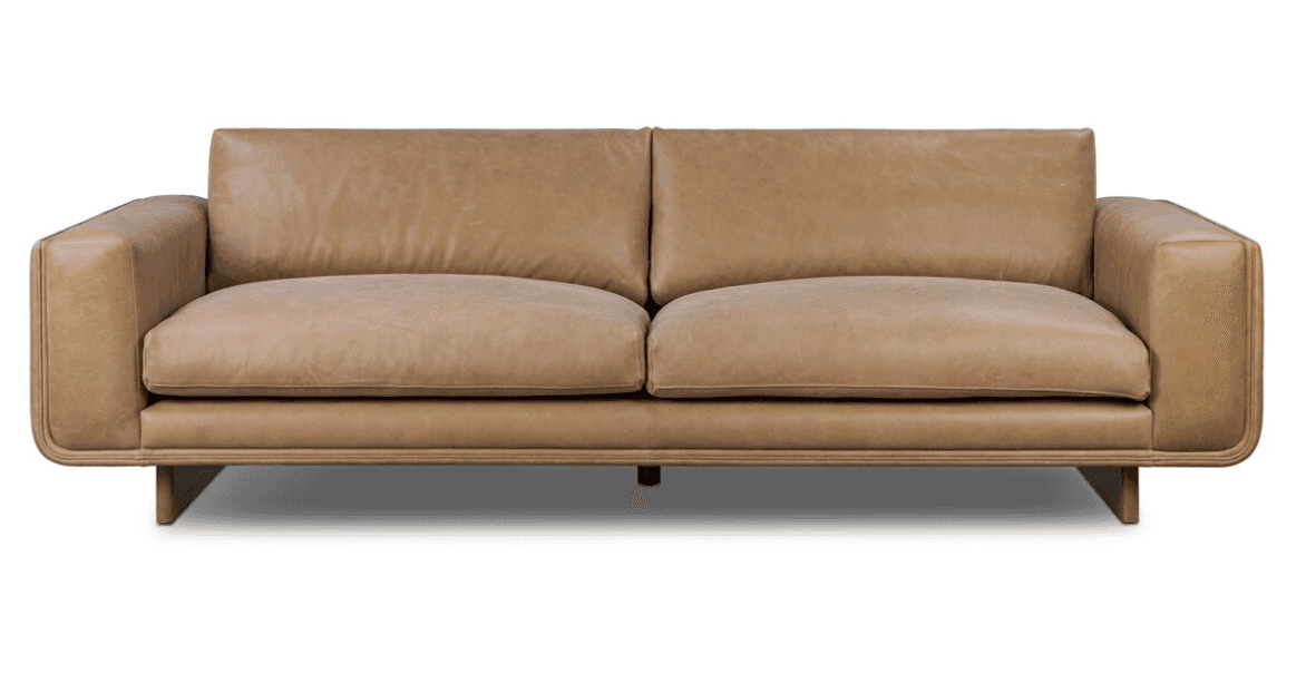 A modern two-seater sofa upholstered in tan leather, featuring clean lines, thick cushions, and subt… — 3D model