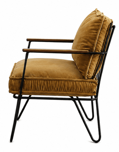 A contemporary armchair with a thin, black metal frame and arms topped with polished wood. The chair… — free OBJ 3D model