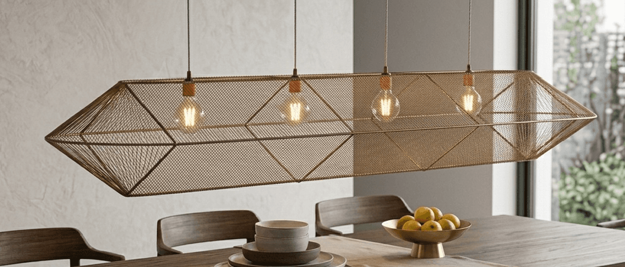 A long, linear pendant light fixture featuring a geometric, faceted frame constructed from fine bron… — 3D model