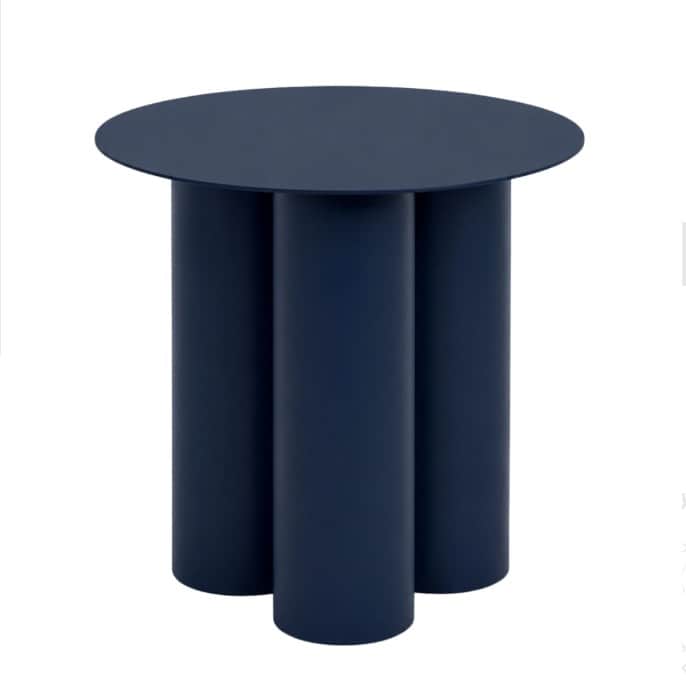 A minimalist dark blue side table, featuring a circular table top supported by three robust cylindri… — 3D model