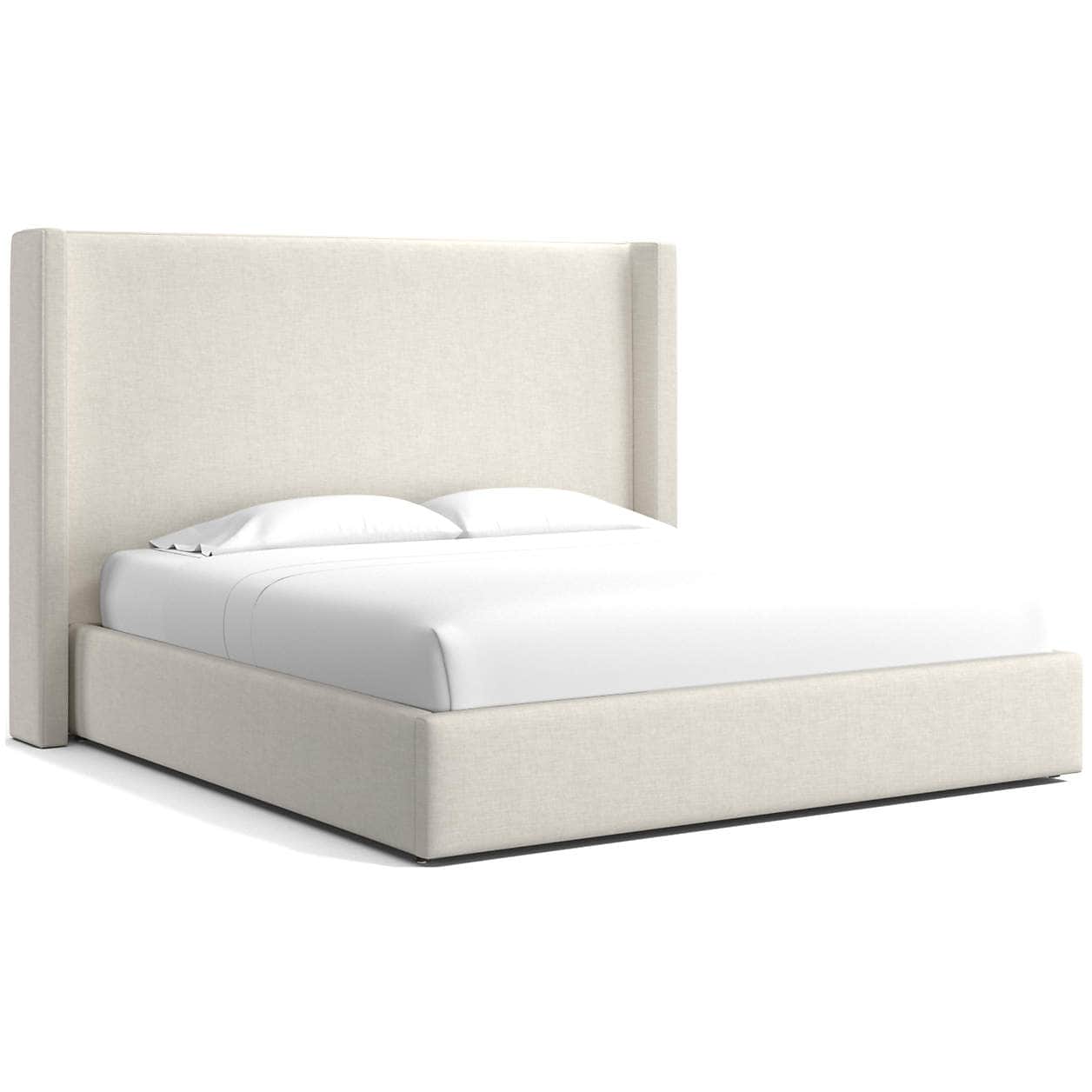 An upholstered platform bed featuring a tall, winged headboard and a fabric-covered frame, presented… — 3D model