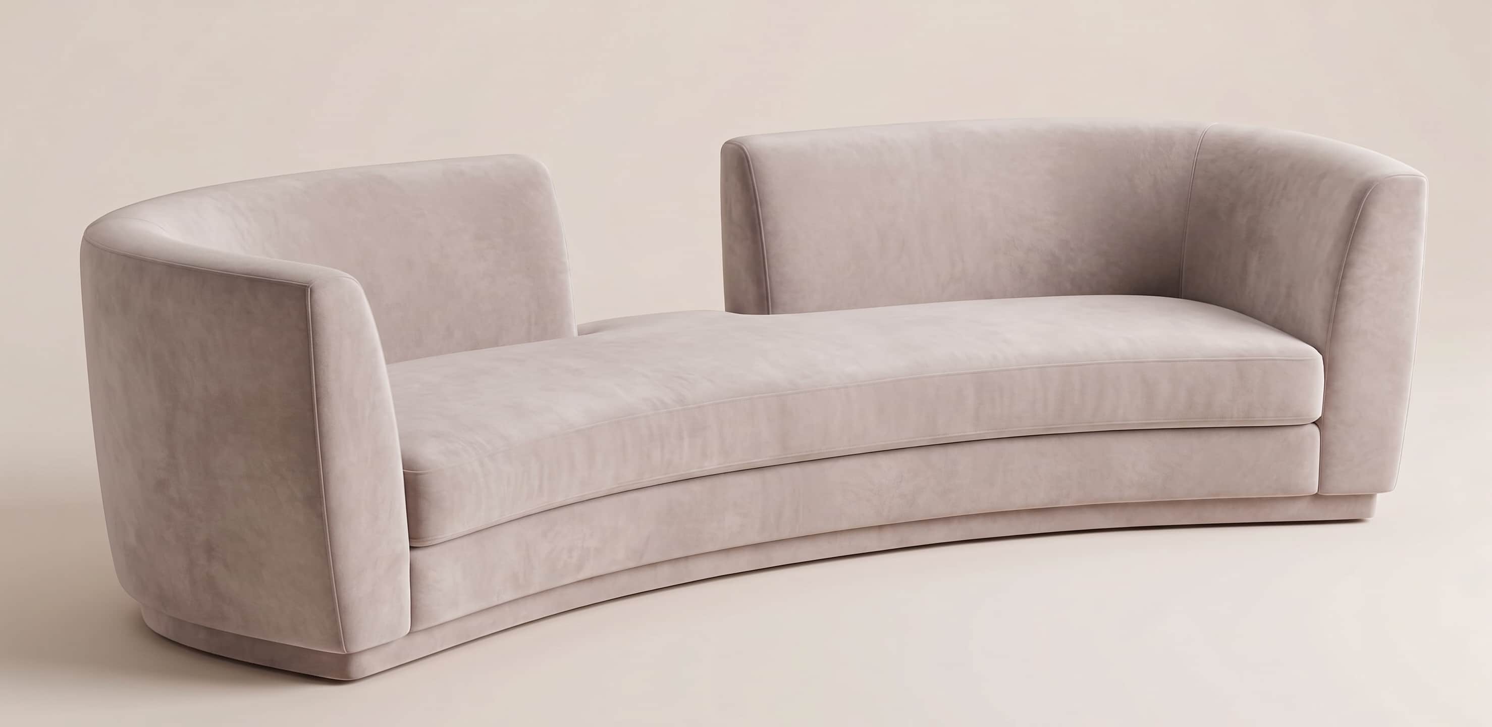 A sophisticated semicircular upholstered banquette, featuring a plush velvet fabric in a pale pink o… — 3D model