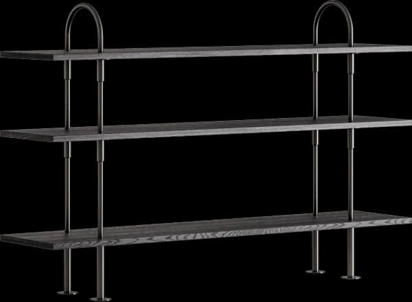 A three-tiered open shelving unit featuring dark, possibly grey-stained wooden shelves with visible… — 3D model