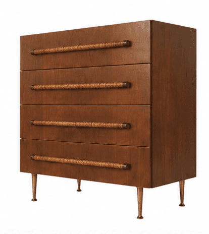 A mid-century modern style chest of drawers featuring four stacked drawers, each with a distinctive… — 3D model