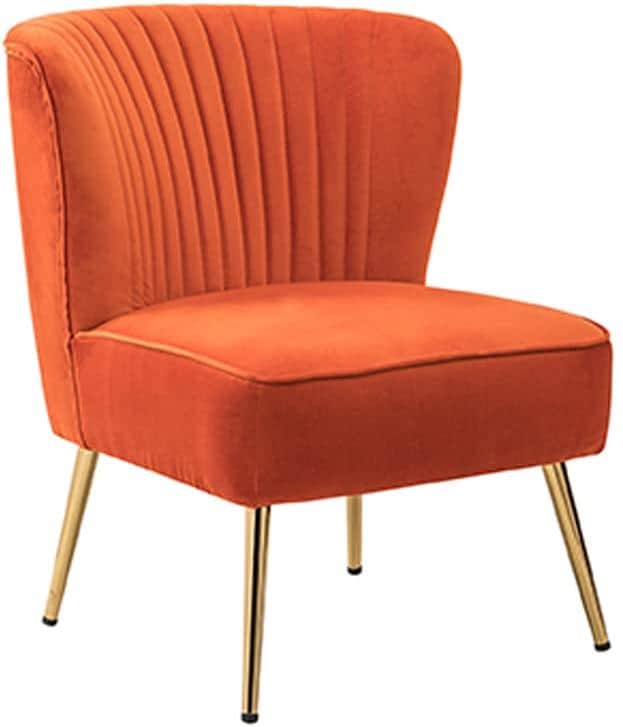 An armless accent chair upholstered in a vibrant orange velvet. The backrest features vertical chann… — 3D model