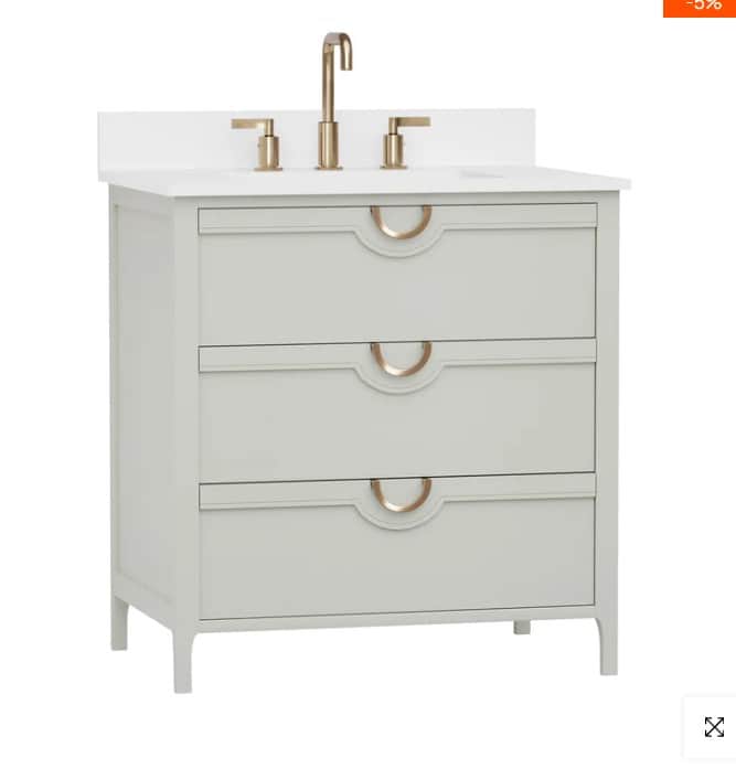 A freestanding bathroom vanity with a white countertop, featuring a modern gold faucet and a sink. T… — 3D model