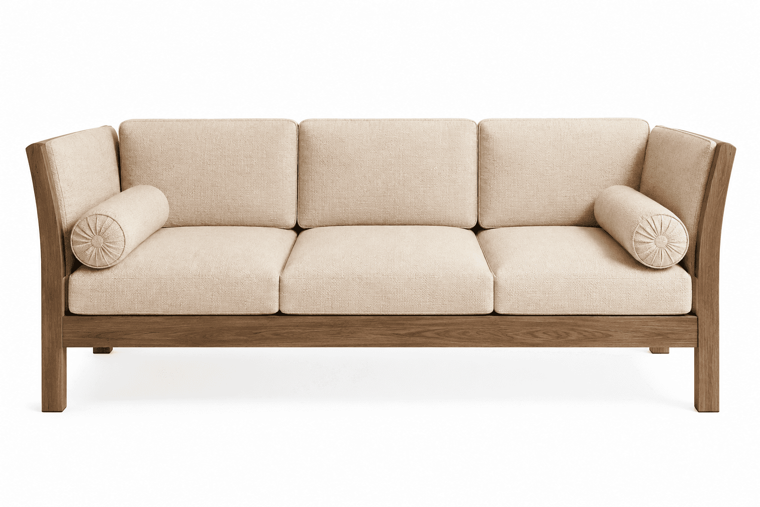 A modern three-seater sofa featuring a robust visible wooden frame in a medium brown tone. The seat… — 3D model